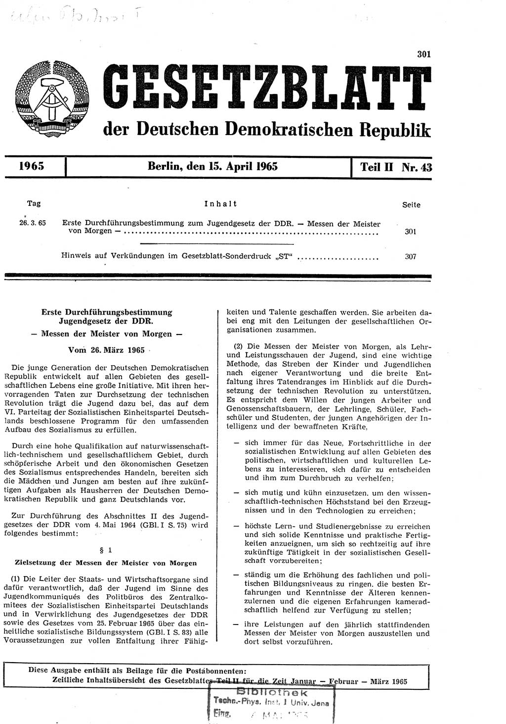 Gesetzblatt (GBl.) der Deutschen Demokratischen Republik (DDR) Teil ⅠⅠ 1965, Seite 301 (GBl. DDR ⅠⅠ 1965, S. 301)