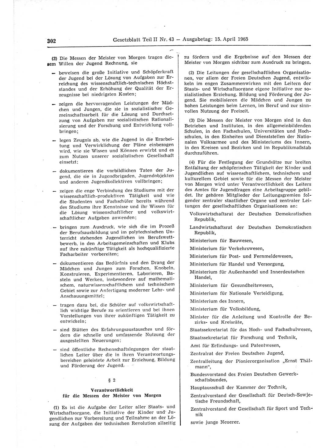 Gesetzblatt (GBl.) der Deutschen Demokratischen Republik (DDR) Teil ⅠⅠ 1965, Seite 302 (GBl. DDR ⅠⅠ 1965, S. 302)