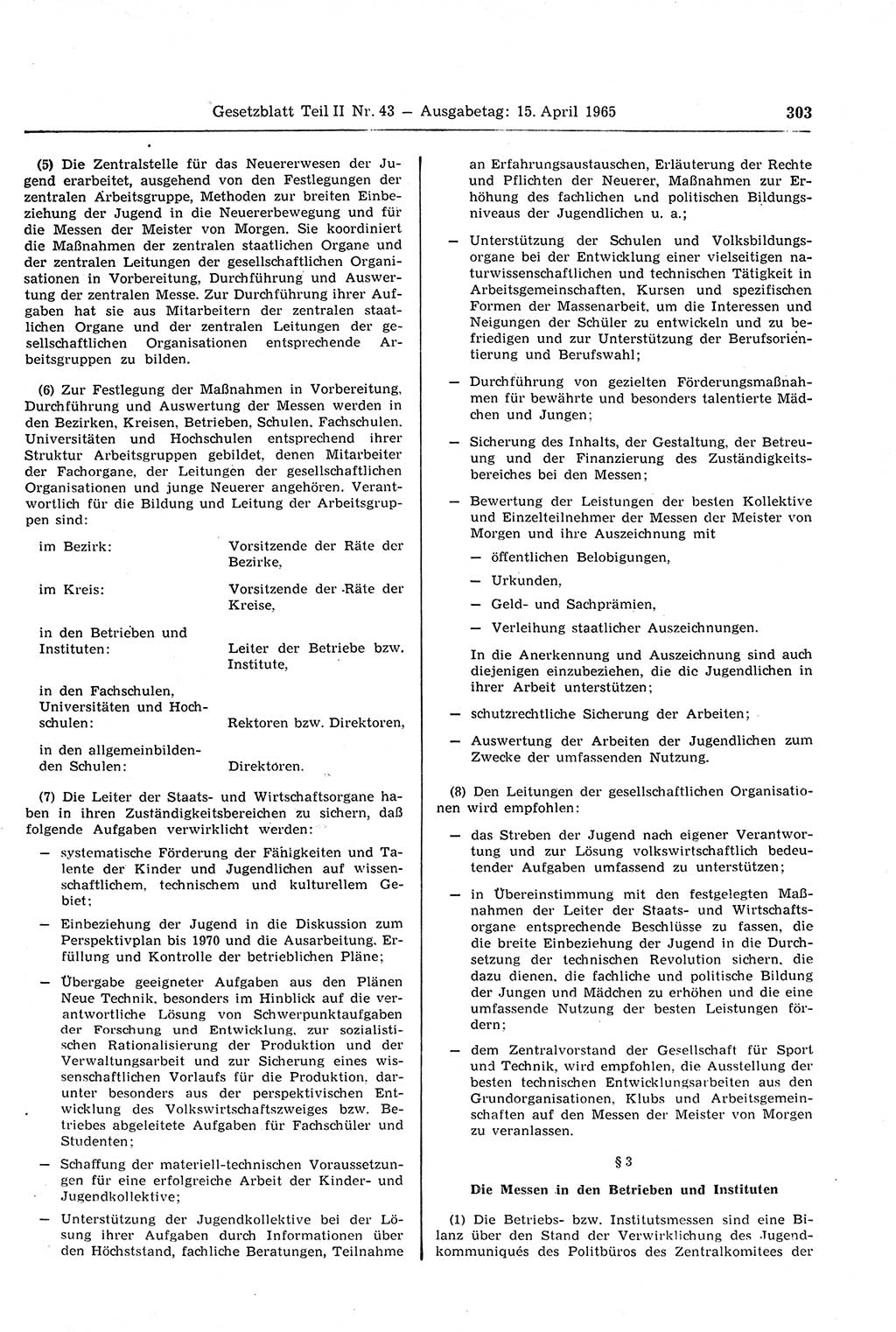 Gesetzblatt (GBl.) der Deutschen Demokratischen Republik (DDR) Teil ⅠⅠ 1965, Seite 303 (GBl. DDR ⅠⅠ 1965, S. 303)