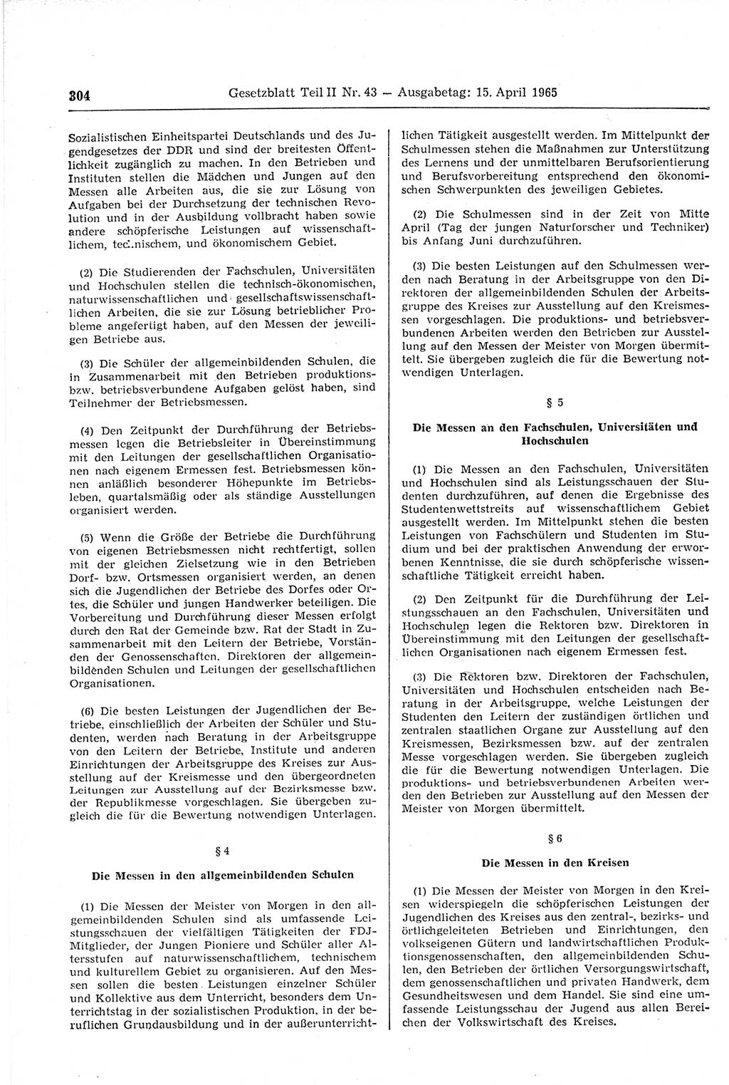 Gesetzblatt (GBl.) der Deutschen Demokratischen Republik (DDR) Teil ⅠⅠ 1965, Seite 304 (GBl. DDR ⅠⅠ 1965, S. 304)