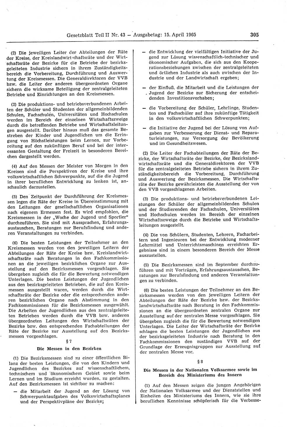 Gesetzblatt (GBl.) der Deutschen Demokratischen Republik (DDR) Teil ⅠⅠ 1965, Seite 305 (GBl. DDR ⅠⅠ 1965, S. 305)