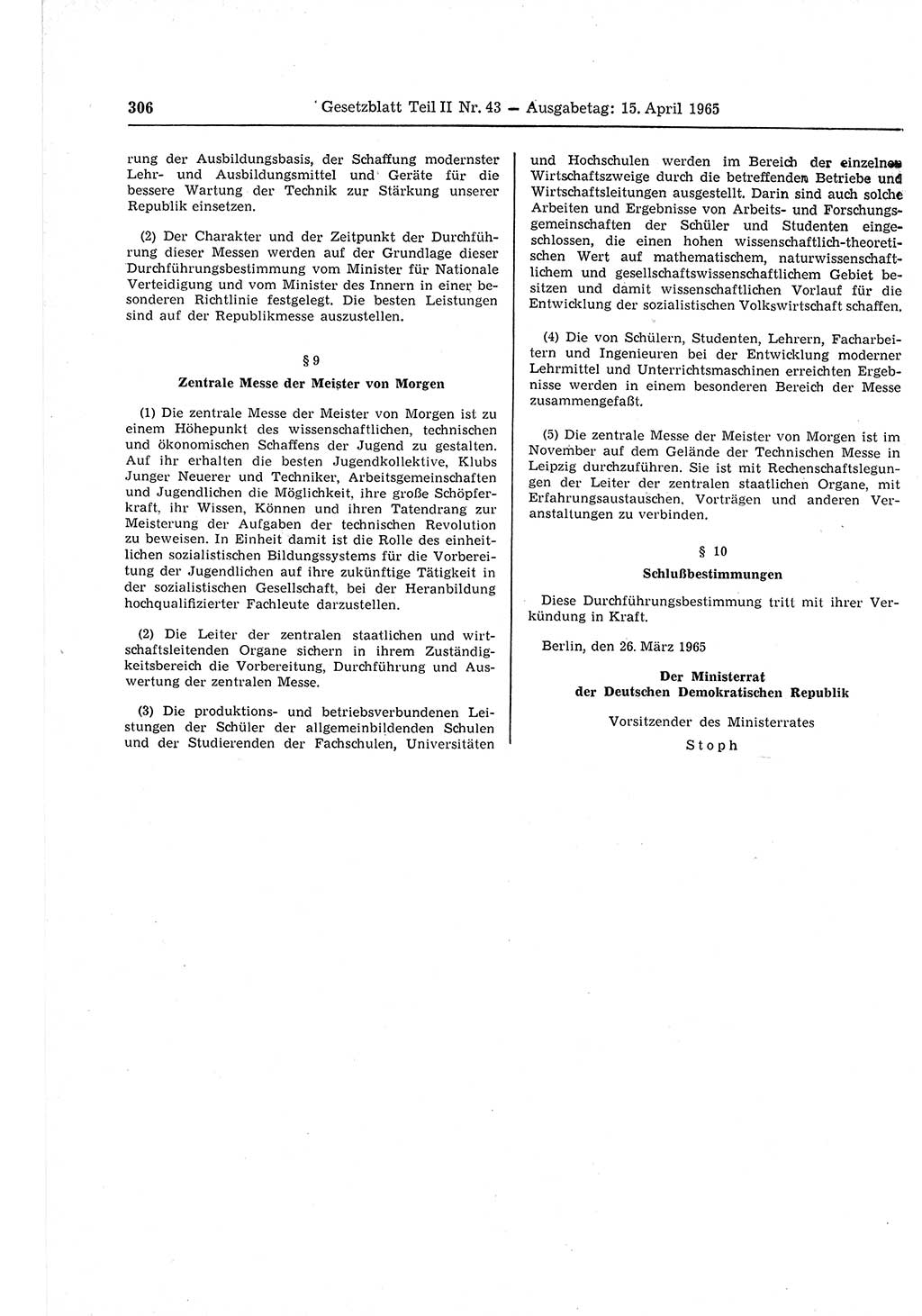 Gesetzblatt (GBl.) der Deutschen Demokratischen Republik (DDR) Teil ⅠⅠ 1965, Seite 306 (GBl. DDR ⅠⅠ 1965, S. 306)