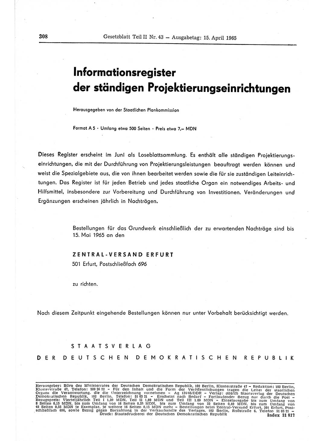 Gesetzblatt (GBl.) der Deutschen Demokratischen Republik (DDR) Teil ⅠⅠ 1965, Seite 308 (GBl. DDR ⅠⅠ 1965, S. 308)