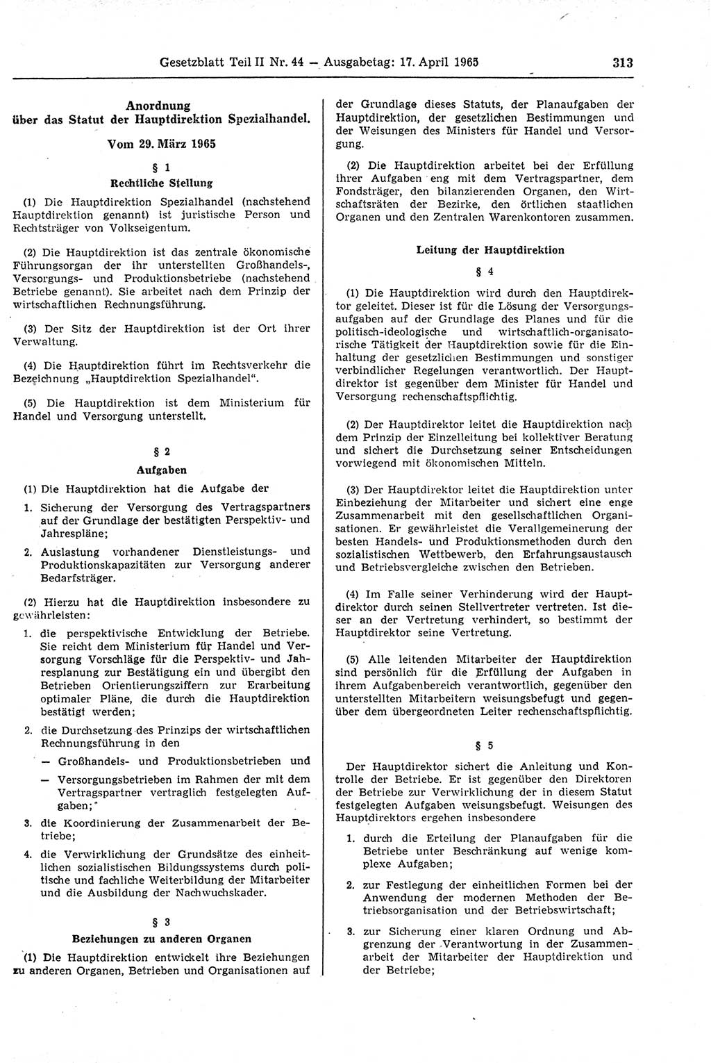 Gesetzblatt (GBl.) der Deutschen Demokratischen Republik (DDR) Teil ⅠⅠ 1965, Seite 313 (GBl. DDR ⅠⅠ 1965, S. 313)