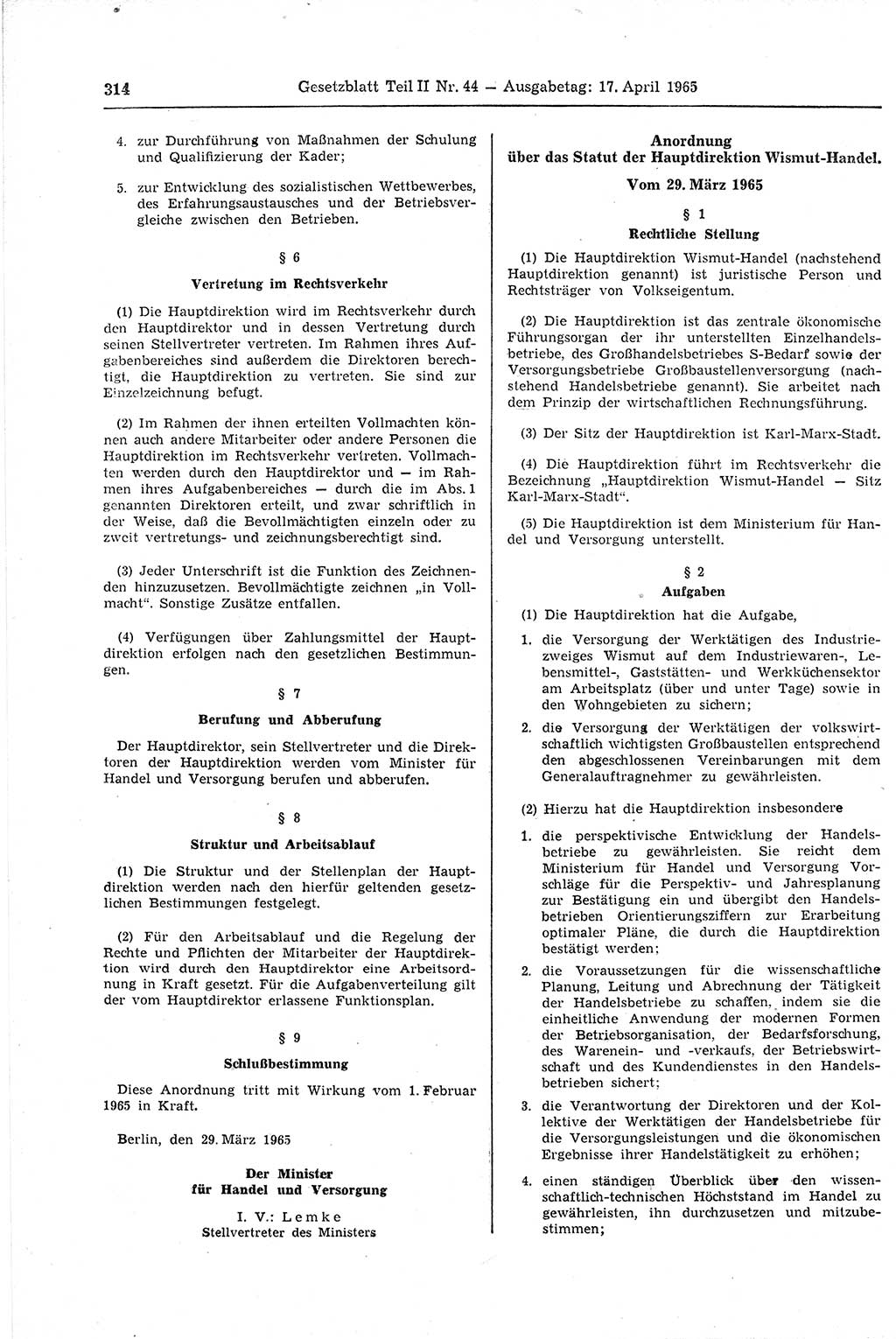 Gesetzblatt (GBl.) der Deutschen Demokratischen Republik (DDR) Teil ⅠⅠ 1965, Seite 314 (GBl. DDR ⅠⅠ 1965, S. 314)