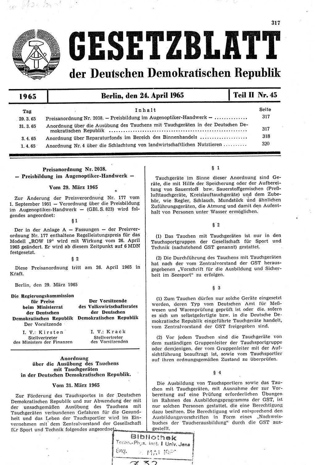 Gesetzblatt (GBl.) der Deutschen Demokratischen Republik (DDR) Teil ⅠⅠ 1965, Seite 317 (GBl. DDR ⅠⅠ 1965, S. 317)