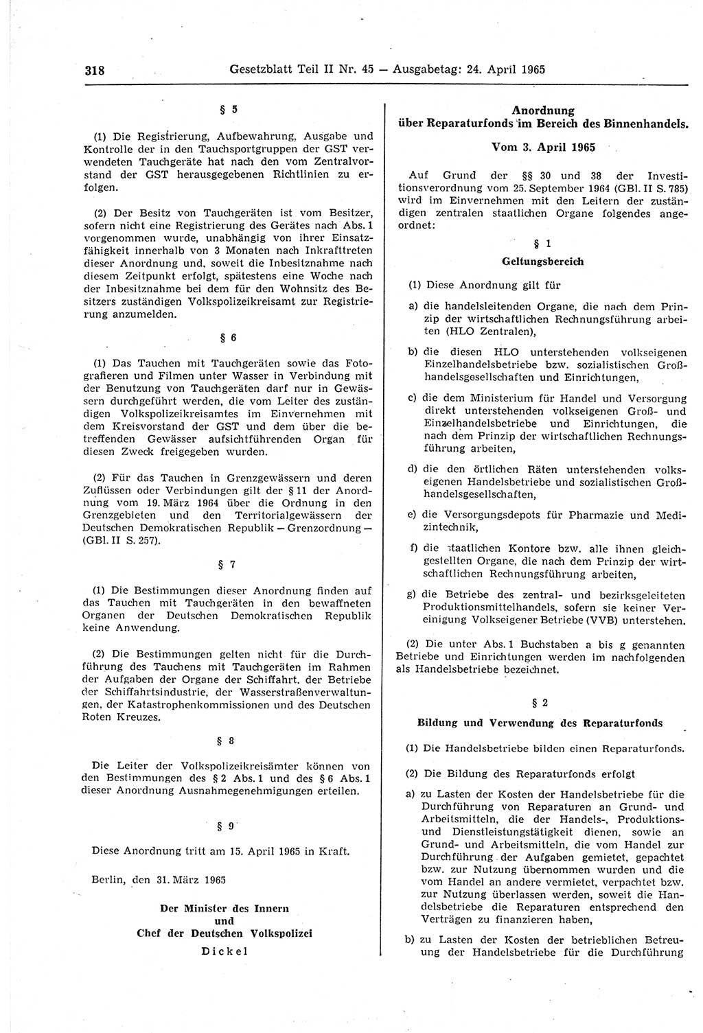 Gesetzblatt (GBl.) der Deutschen Demokratischen Republik (DDR) Teil ⅠⅠ 1965, Seite 318 (GBl. DDR ⅠⅠ 1965, S. 318)