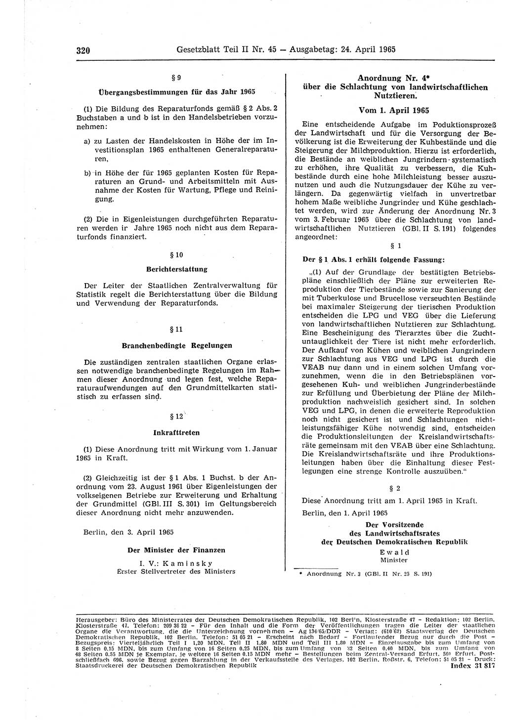 Gesetzblatt (GBl.) der Deutschen Demokratischen Republik (DDR) Teil ⅠⅠ 1965, Seite 320 (GBl. DDR ⅠⅠ 1965, S. 320)