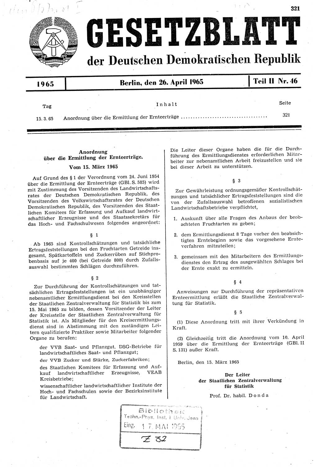Gesetzblatt (GBl.) der Deutschen Demokratischen Republik (DDR) Teil ⅠⅠ 1965, Seite 321 (GBl. DDR ⅠⅠ 1965, S. 321)