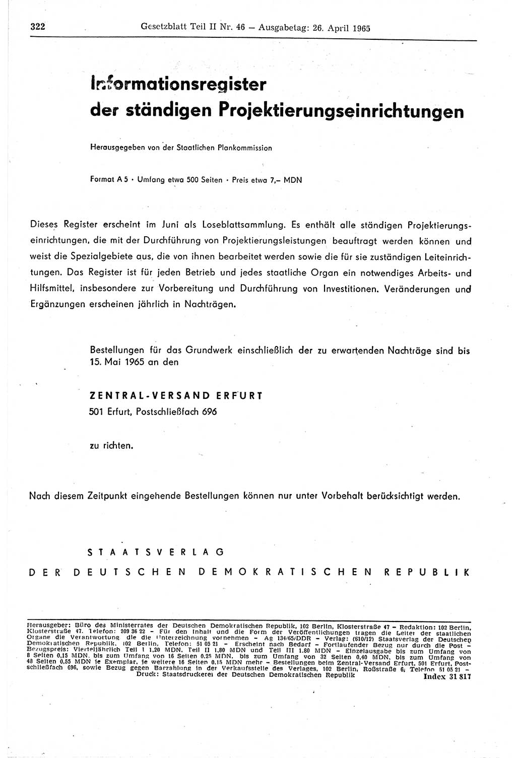 Gesetzblatt (GBl.) der Deutschen Demokratischen Republik (DDR) Teil ⅠⅠ 1965, Seite 322 (GBl. DDR ⅠⅠ 1965, S. 322)