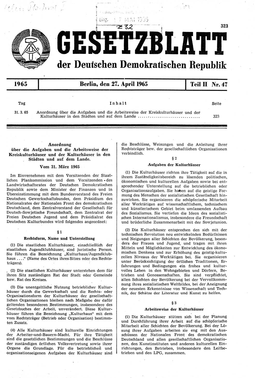 Gesetzblatt (GBl.) der Deutschen Demokratischen Republik (DDR) Teil ⅠⅠ 1965, Seite 323 (GBl. DDR ⅠⅠ 1965, S. 323)