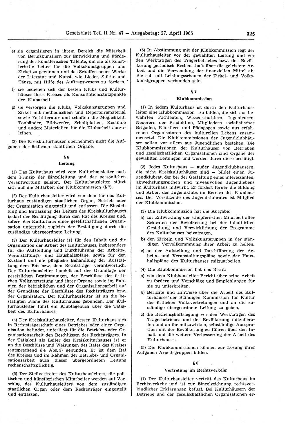 Gesetzblatt (GBl.) der Deutschen Demokratischen Republik (DDR) Teil ⅠⅠ 1965, Seite 325 (GBl. DDR ⅠⅠ 1965, S. 325)