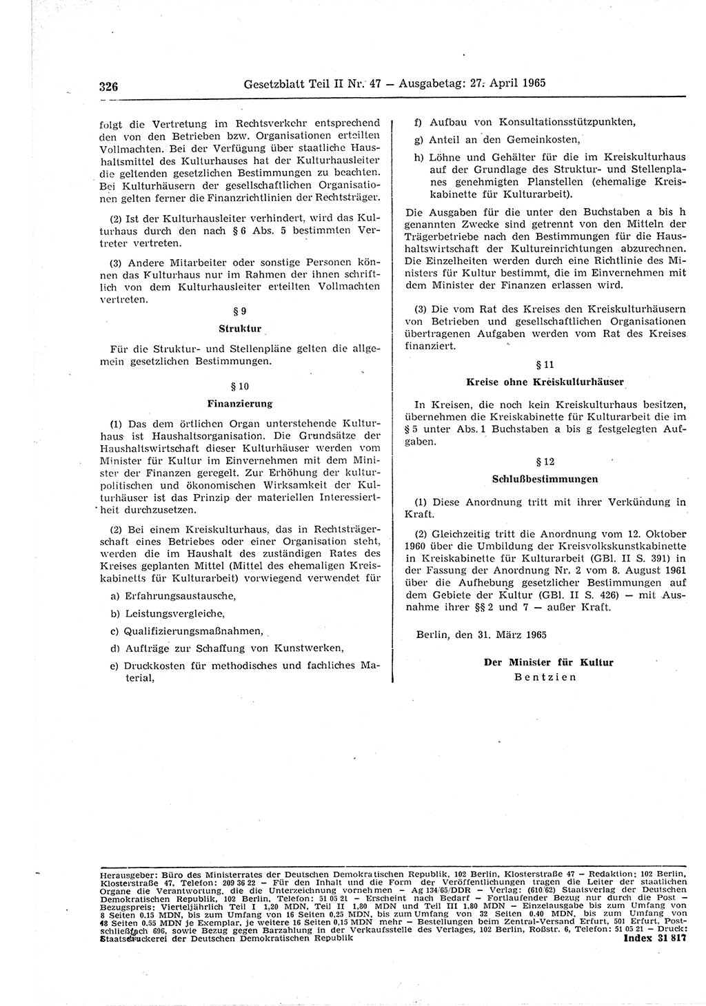 Gesetzblatt (GBl.) der Deutschen Demokratischen Republik (DDR) Teil ⅠⅠ 1965, Seite 326 (GBl. DDR ⅠⅠ 1965, S. 326)
