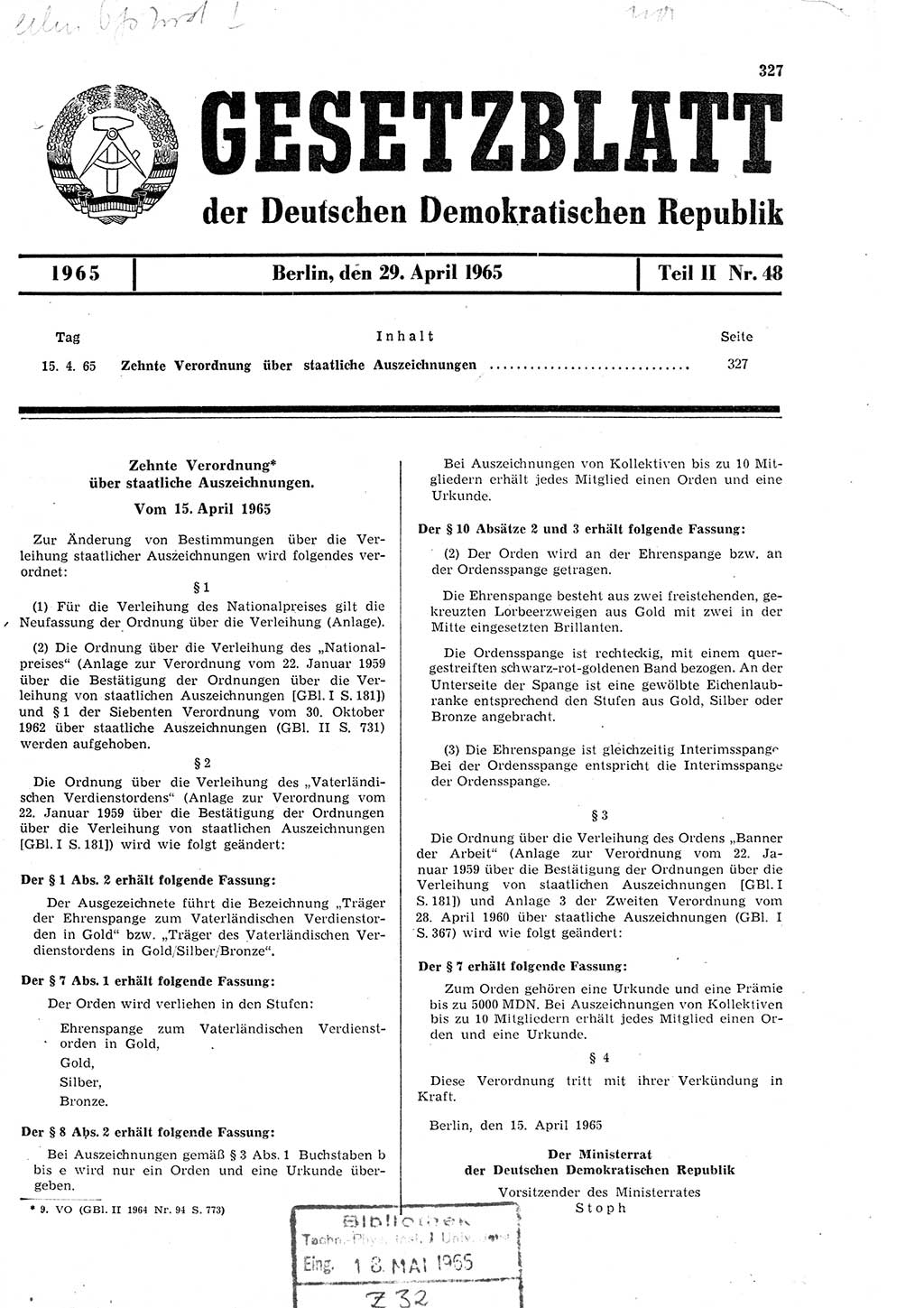Gesetzblatt (GBl.) der Deutschen Demokratischen Republik (DDR) Teil ⅠⅠ 1965, Seite 327 (GBl. DDR ⅠⅠ 1965, S. 327)