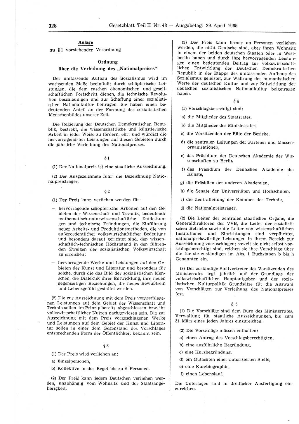 Gesetzblatt (GBl.) der Deutschen Demokratischen Republik (DDR) Teil ⅠⅠ 1965, Seite 328 (GBl. DDR ⅠⅠ 1965, S. 328)