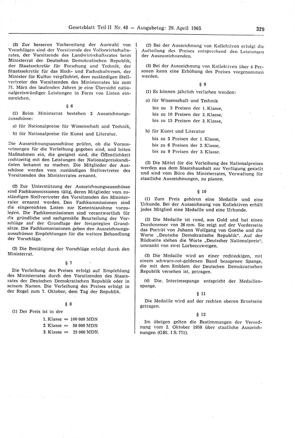 Gesetzblatt (GBl.) der Deutschen Demokratischen Republik (DDR) Teil ⅠⅠ 1965, Seite 329 (GBl. DDR ⅠⅠ 1965, S. 329)