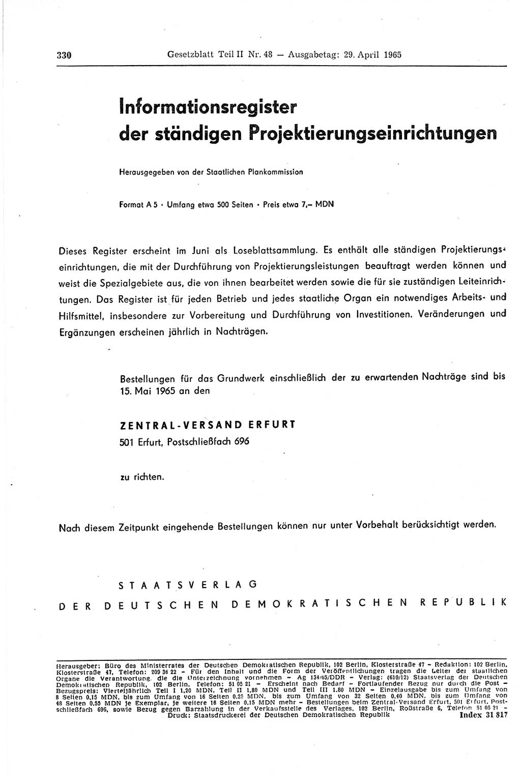 Gesetzblatt (GBl.) der Deutschen Demokratischen Republik (DDR) Teil ⅠⅠ 1965, Seite 330 (GBl. DDR ⅠⅠ 1965, S. 330)