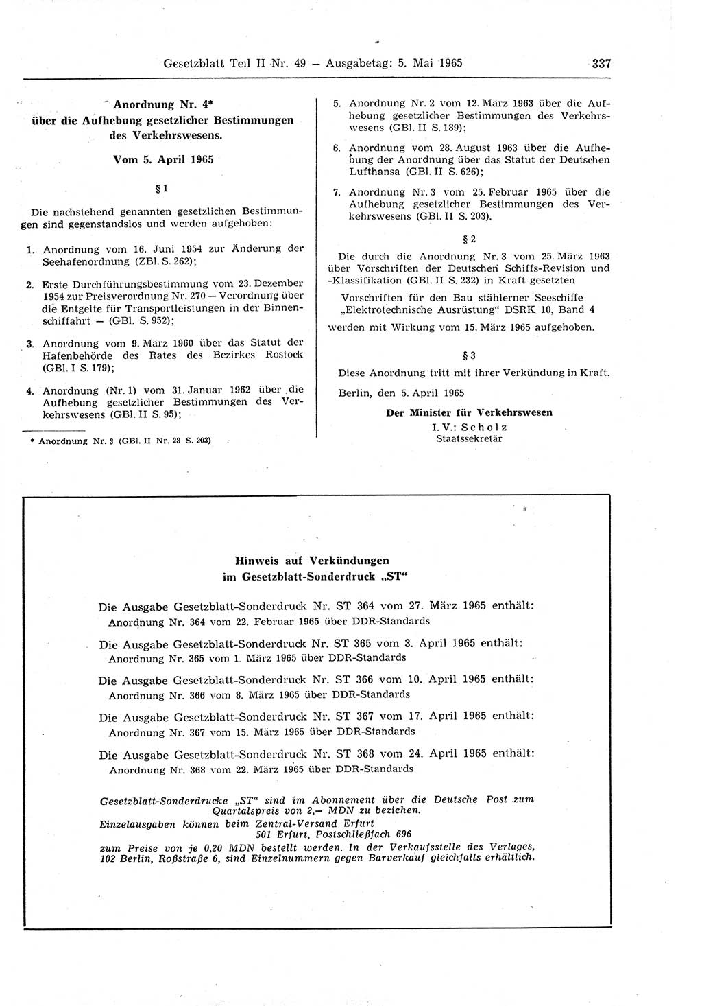 Gesetzblatt (GBl.) der Deutschen Demokratischen Republik (DDR) Teil ⅠⅠ 1965, Seite 337 (GBl. DDR ⅠⅠ 1965, S. 337)