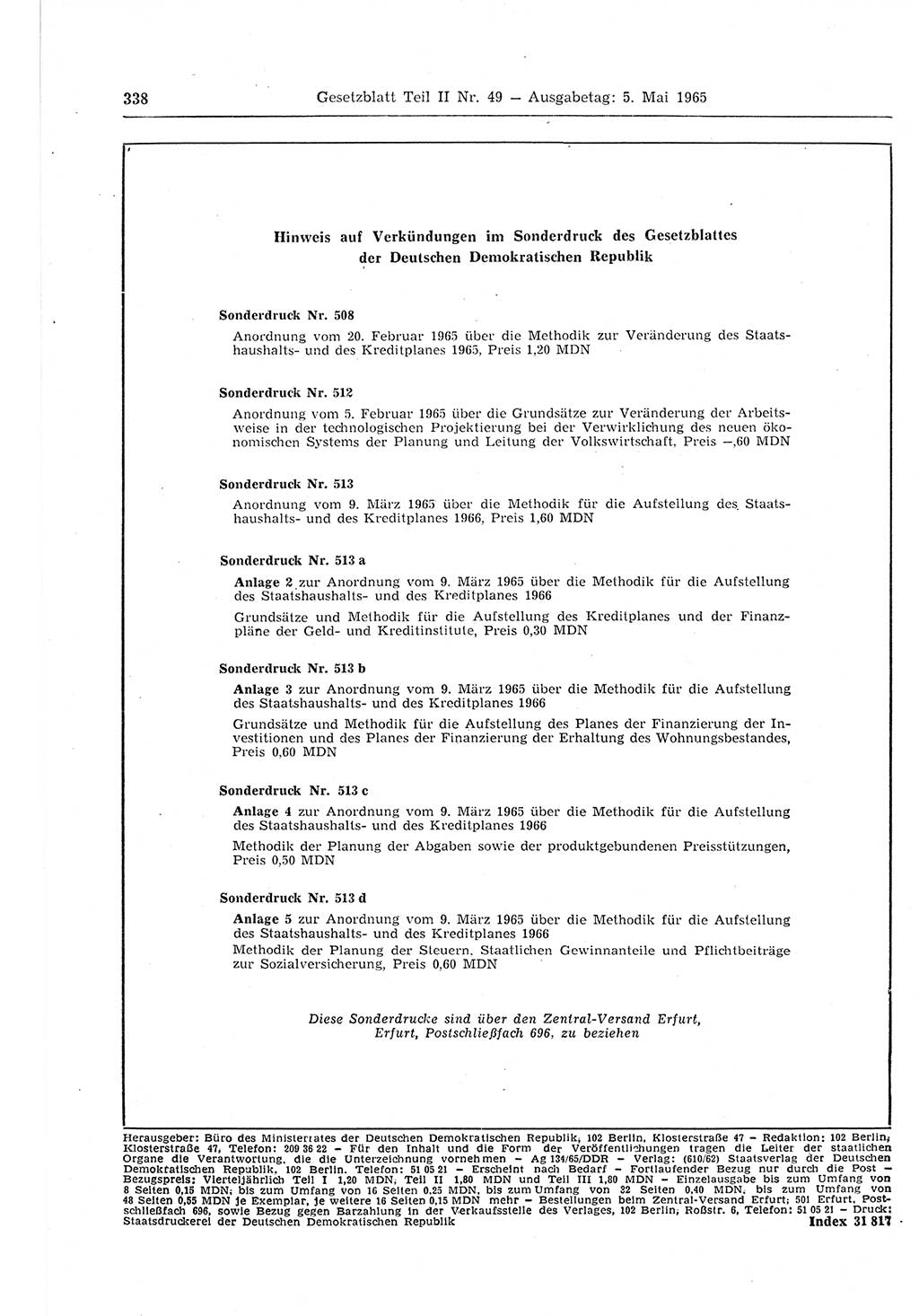 Gesetzblatt (GBl.) der Deutschen Demokratischen Republik (DDR) Teil ⅠⅠ 1965, Seite 338 (GBl. DDR ⅠⅠ 1965, S. 338)