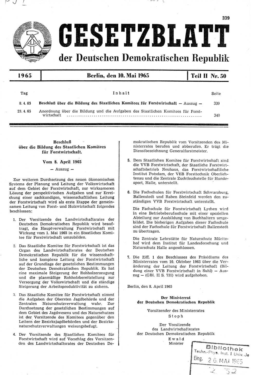 Gesetzblatt (GBl.) der Deutschen Demokratischen Republik (DDR) Teil ⅠⅠ 1965, Seite 339 (GBl. DDR ⅠⅠ 1965, S. 339)