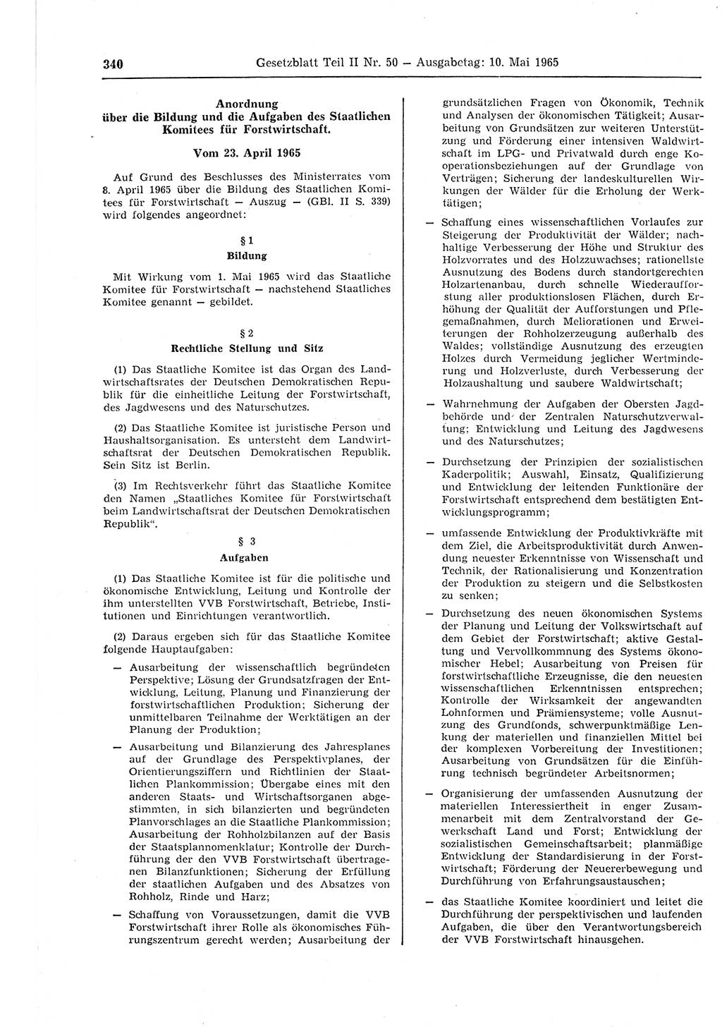 Gesetzblatt (GBl.) der Deutschen Demokratischen Republik (DDR) Teil ⅠⅠ 1965, Seite 340 (GBl. DDR ⅠⅠ 1965, S. 340)