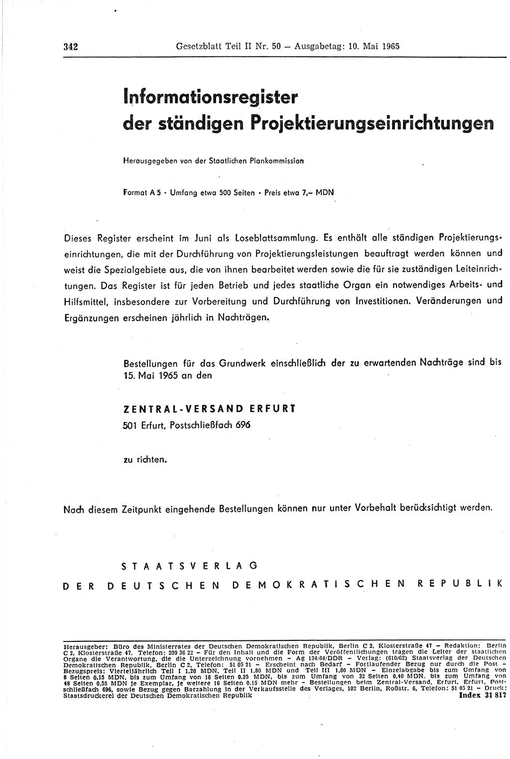 Gesetzblatt (GBl.) der Deutschen Demokratischen Republik (DDR) Teil ⅠⅠ 1965, Seite 342 (GBl. DDR ⅠⅠ 1965, S. 342)