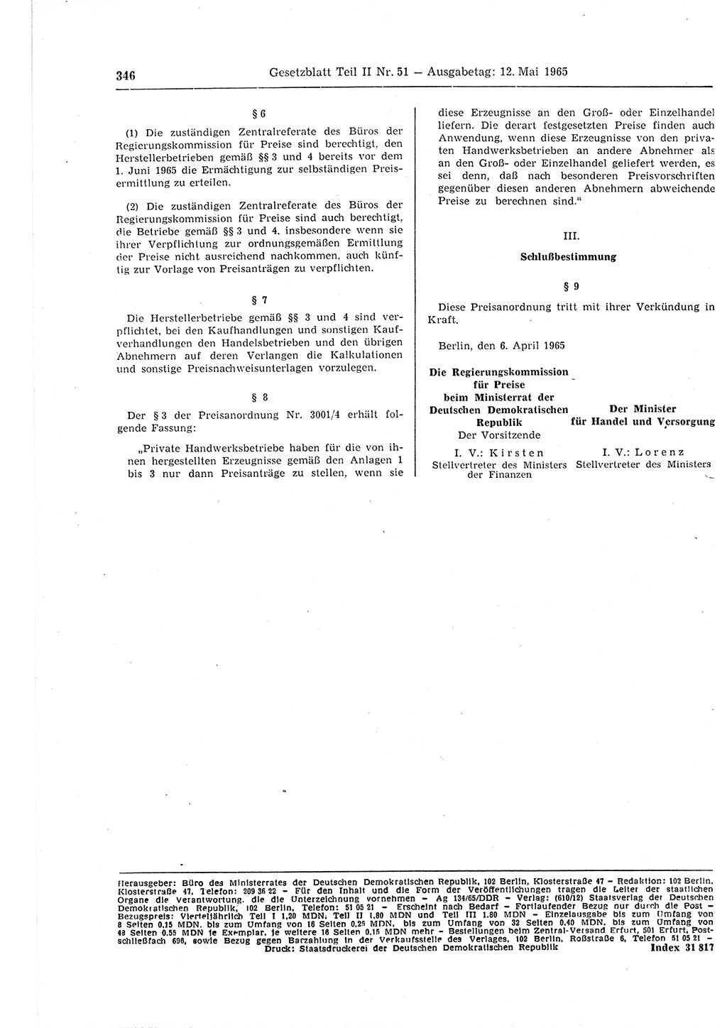 Gesetzblatt (GBl.) der Deutschen Demokratischen Republik (DDR) Teil ⅠⅠ 1965, Seite 346 (GBl. DDR ⅠⅠ 1965, S. 346)