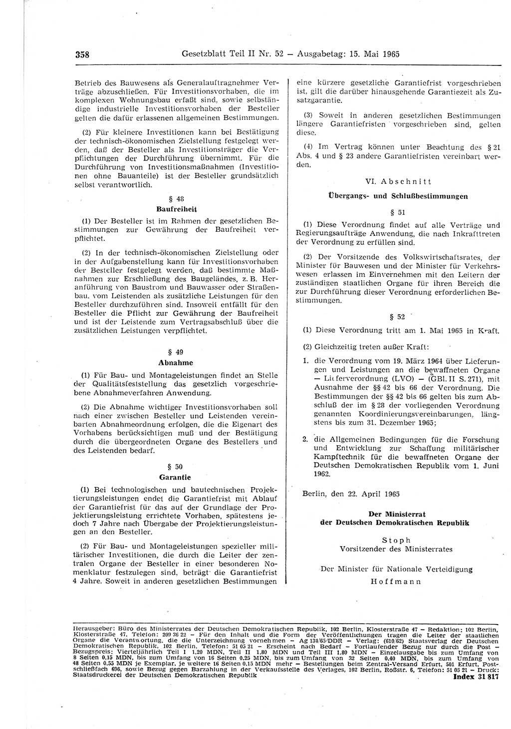Gesetzblatt (GBl.) der Deutschen Demokratischen Republik (DDR) Teil ⅠⅠ 1965, Seite 358 (GBl. DDR ⅠⅠ 1965, S. 358)