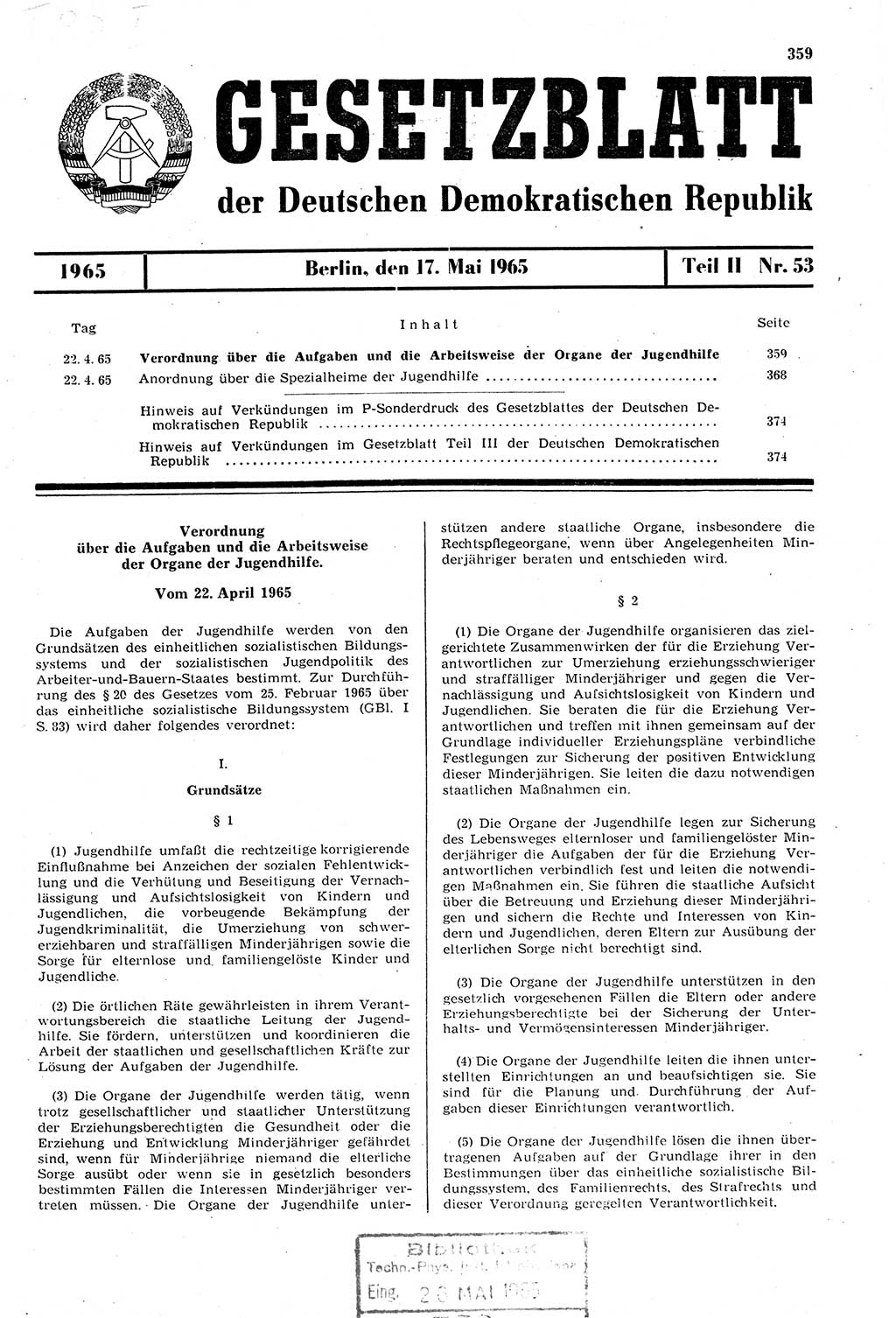 Gesetzblatt (GBl.) der Deutschen Demokratischen Republik (DDR) Teil ⅠⅠ 1965, Seite 359 (GBl. DDR ⅠⅠ 1965, S. 359)