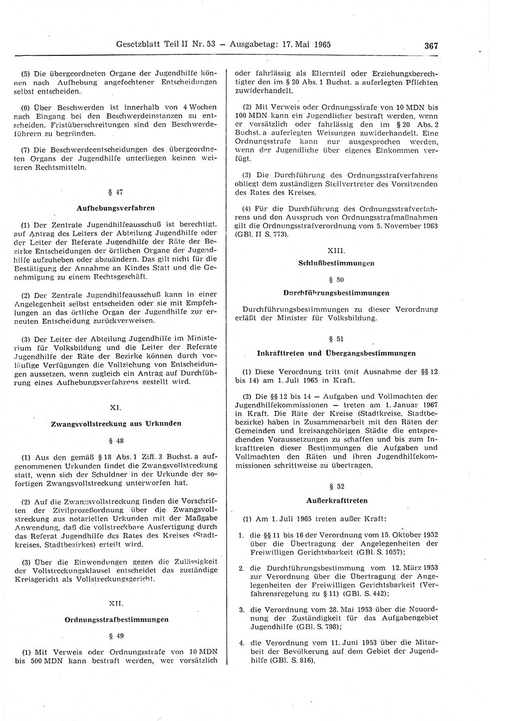 Gesetzblatt (GBl.) der Deutschen Demokratischen Republik (DDR) Teil ⅠⅠ 1965, Seite 367 (GBl. DDR ⅠⅠ 1965, S. 367)
