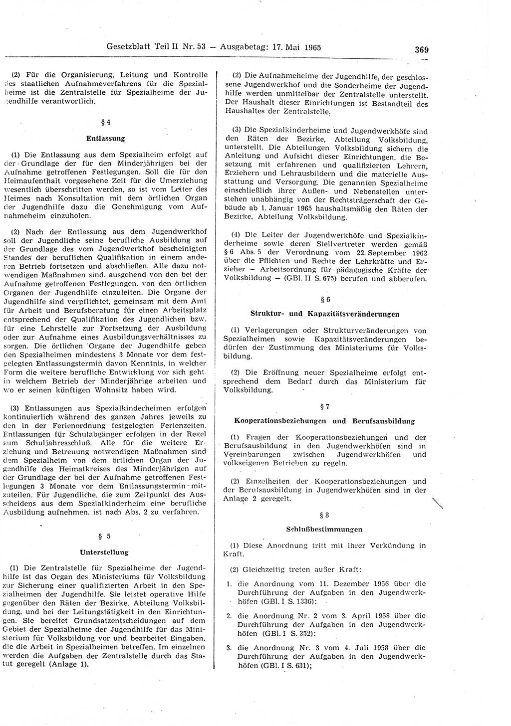 Gesetzblatt (GBl.) der Deutschen Demokratischen Republik (DDR) Teil ⅠⅠ 1965, Seite 369 (GBl. DDR ⅠⅠ 1965, S. 369)