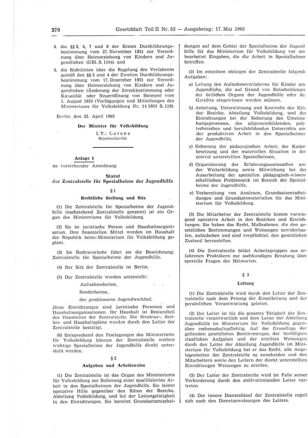 Gesetzblatt (GBl.) der Deutschen Demokratischen Republik (DDR) Teil ⅠⅠ 1965, Seite 370 (GBl. DDR ⅠⅠ 1965, S. 370)