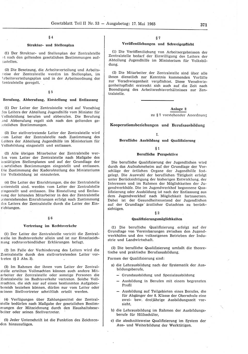 Gesetzblatt (GBl.) der Deutschen Demokratischen Republik (DDR) Teil ⅠⅠ 1965, Seite 371 (GBl. DDR ⅠⅠ 1965, S. 371)