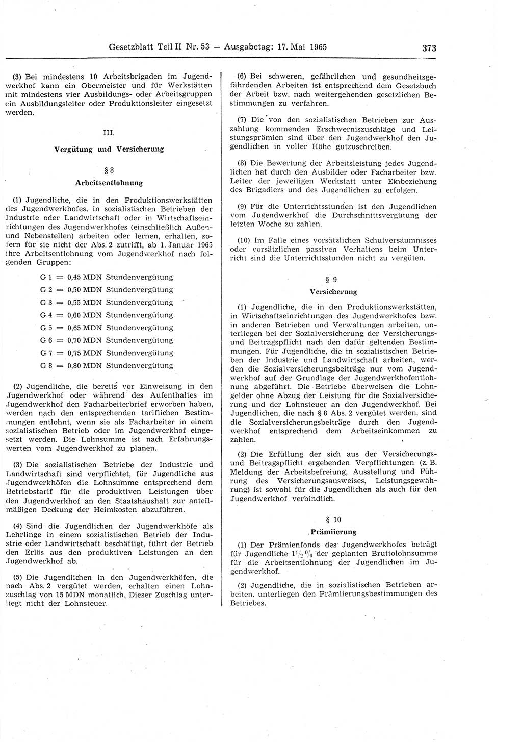 Gesetzblatt (GBl.) der Deutschen Demokratischen Republik (DDR) Teil ⅠⅠ 1965, Seite 373 (GBl. DDR ⅠⅠ 1965, S. 373)