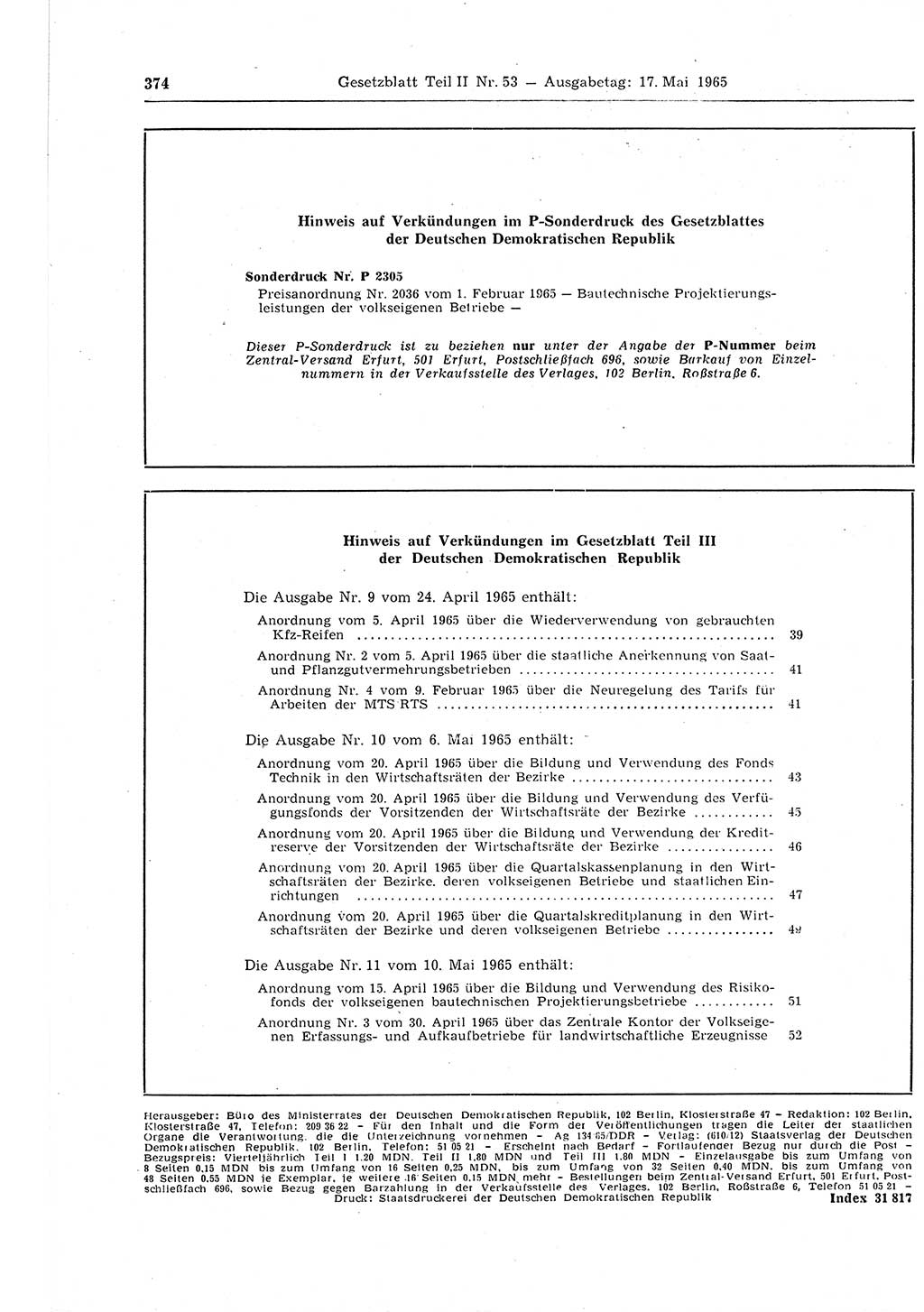 Gesetzblatt (GBl.) der Deutschen Demokratischen Republik (DDR) Teil ⅠⅠ 1965, Seite 374 (GBl. DDR ⅠⅠ 1965, S. 374)