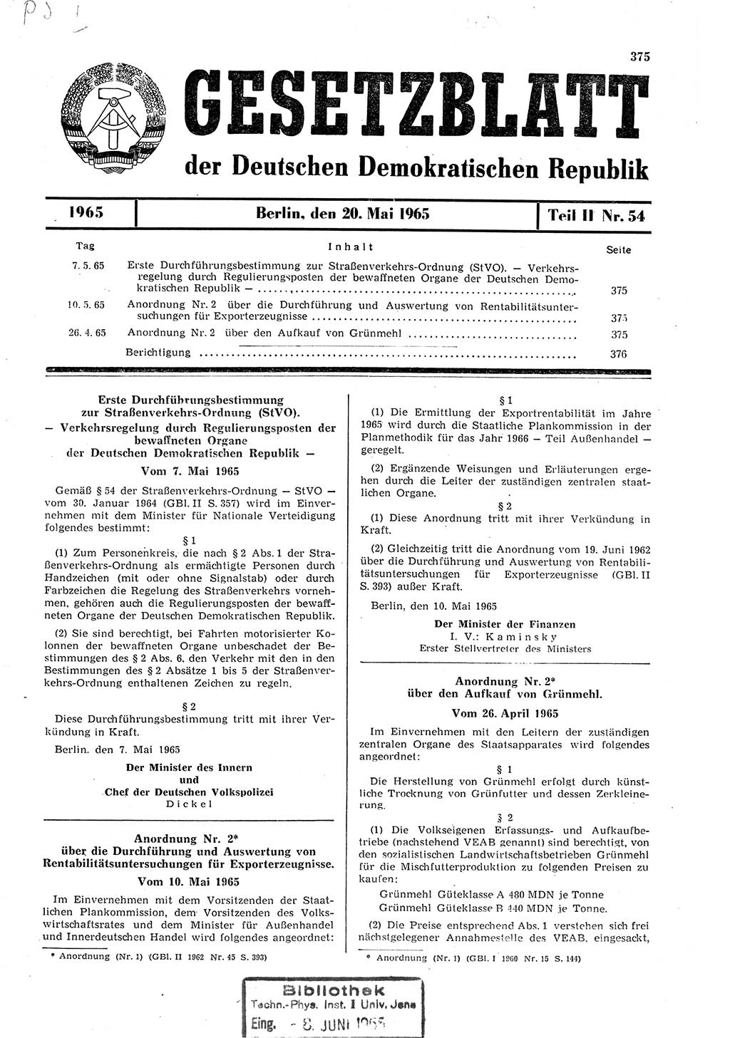 Gesetzblatt (GBl.) der Deutschen Demokratischen Republik (DDR) Teil ⅠⅠ 1965, Seite 375 (GBl. DDR ⅠⅠ 1965, S. 375)
