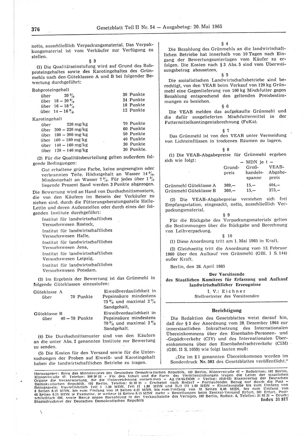 Gesetzblatt (GBl.) der Deutschen Demokratischen Republik (DDR) Teil ⅠⅠ 1965, Seite 376 (GBl. DDR ⅠⅠ 1965, S. 376)