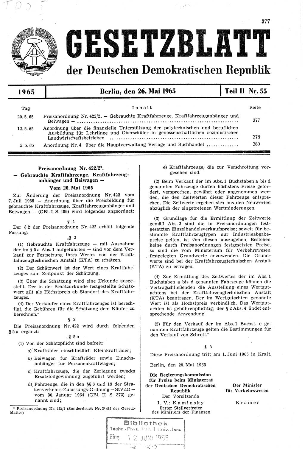 Gesetzblatt (GBl.) der Deutschen Demokratischen Republik (DDR) Teil ⅠⅠ 1965, Seite 377 (GBl. DDR ⅠⅠ 1965, S. 377)