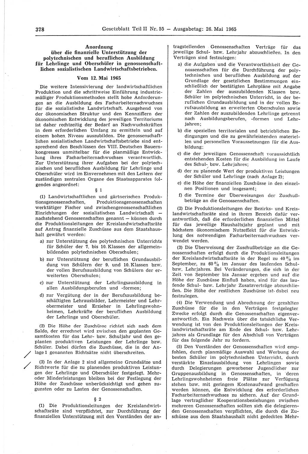 Gesetzblatt (GBl.) der Deutschen Demokratischen Republik (DDR) Teil ⅠⅠ 1965, Seite 378 (GBl. DDR ⅠⅠ 1965, S. 378)