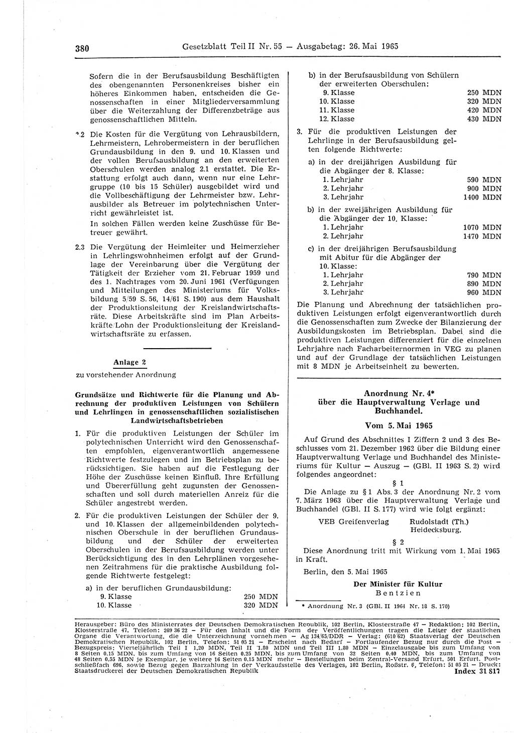 Gesetzblatt (GBl.) der Deutschen Demokratischen Republik (DDR) Teil ⅠⅠ 1965, Seite 380 (GBl. DDR ⅠⅠ 1965, S. 380)