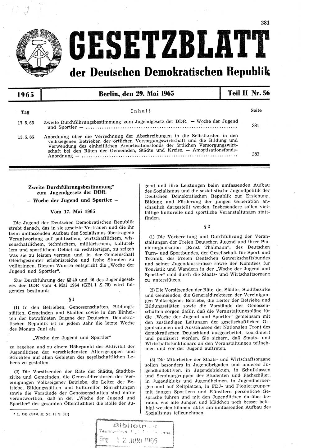 Gesetzblatt (GBl.) der Deutschen Demokratischen Republik (DDR) Teil ⅠⅠ 1965, Seite 381 (GBl. DDR ⅠⅠ 1965, S. 381)
