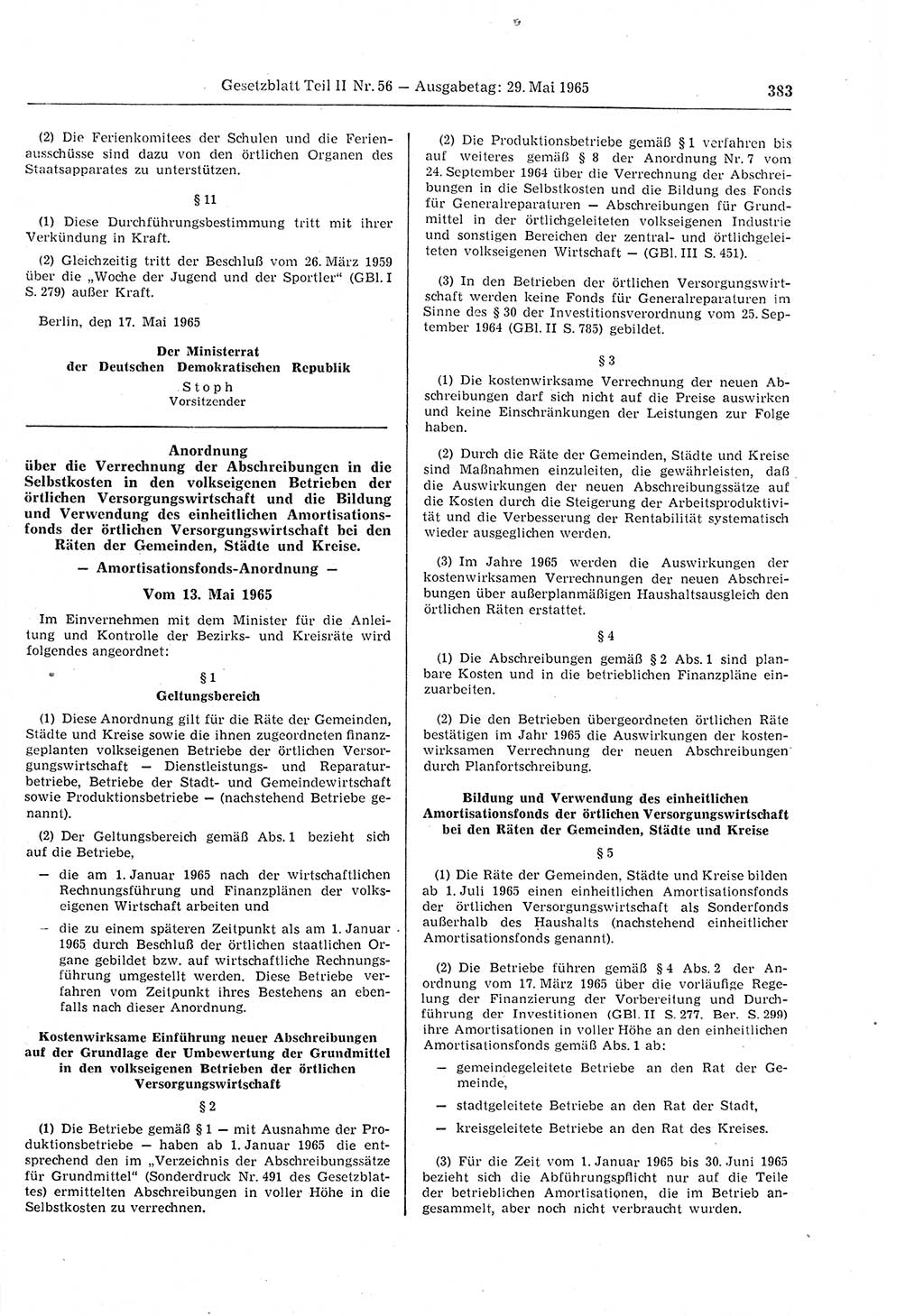 Gesetzblatt (GBl.) der Deutschen Demokratischen Republik (DDR) Teil ⅠⅠ 1965, Seite 383 (GBl. DDR ⅠⅠ 1965, S. 383)