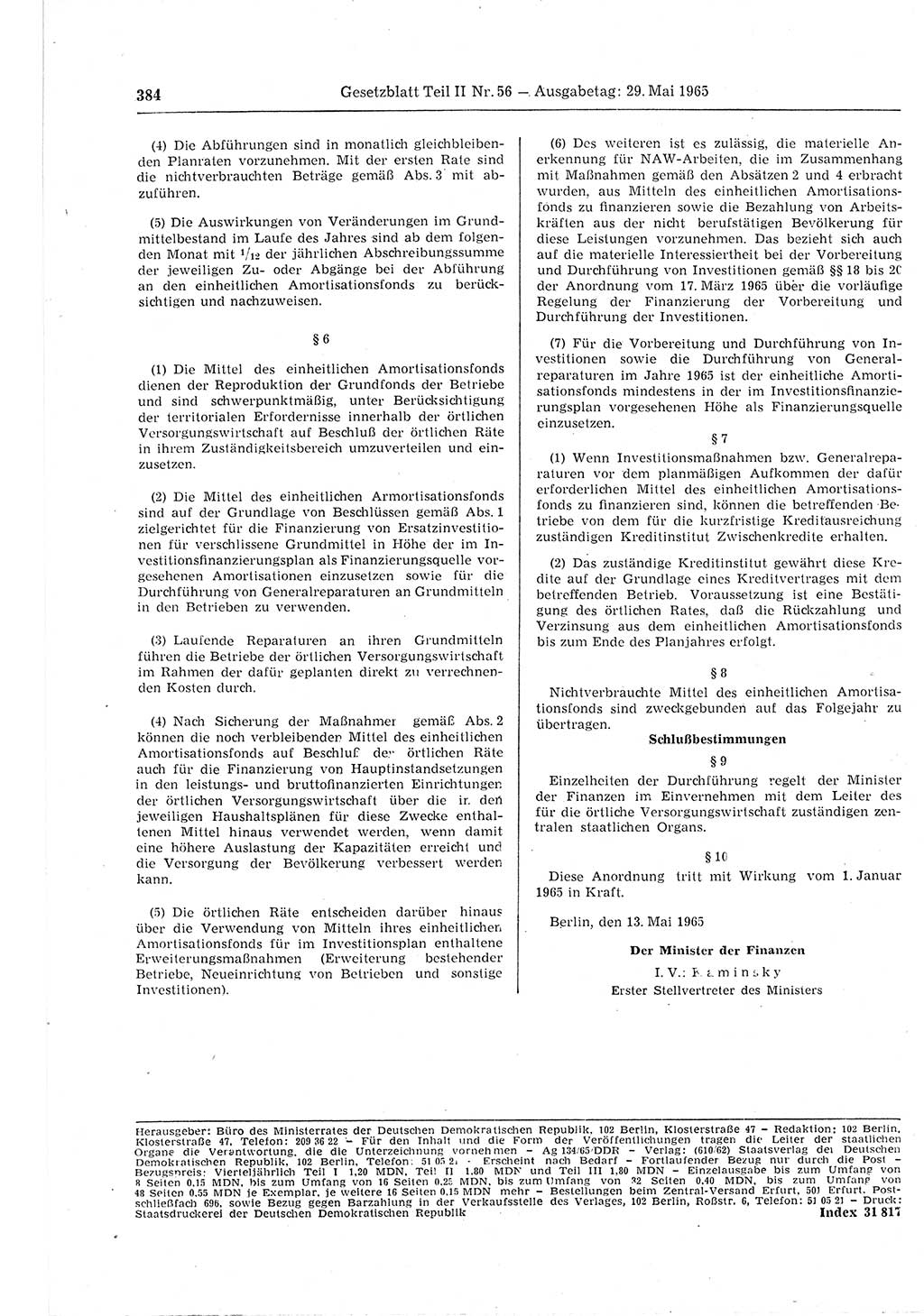 Gesetzblatt (GBl.) der Deutschen Demokratischen Republik (DDR) Teil ⅠⅠ 1965, Seite 384 (GBl. DDR ⅠⅠ 1965, S. 384)