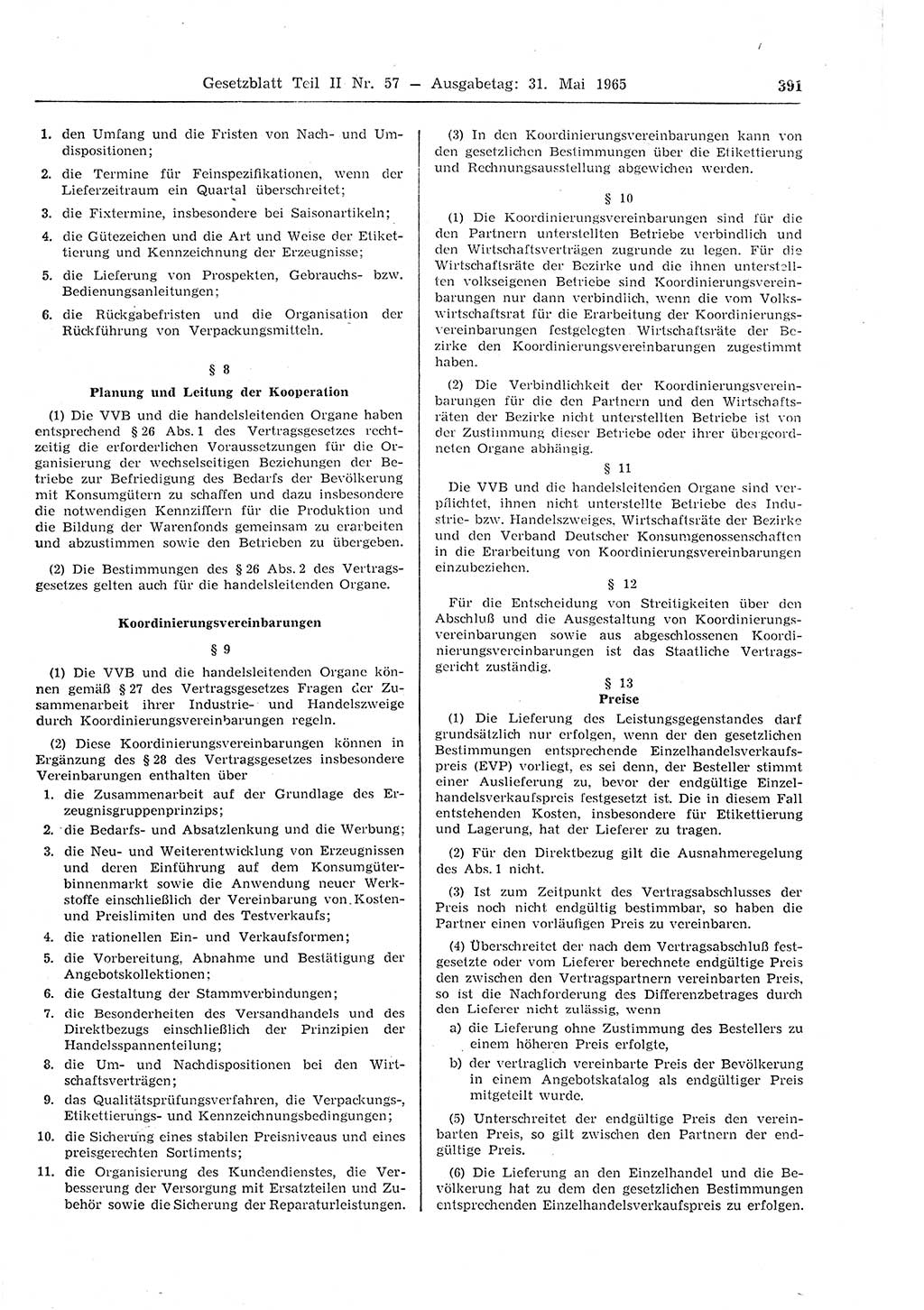 Gesetzblatt (GBl.) der Deutschen Demokratischen Republik (DDR) Teil ⅠⅠ 1965, Seite 391 (GBl. DDR ⅠⅠ 1965, S. 391)