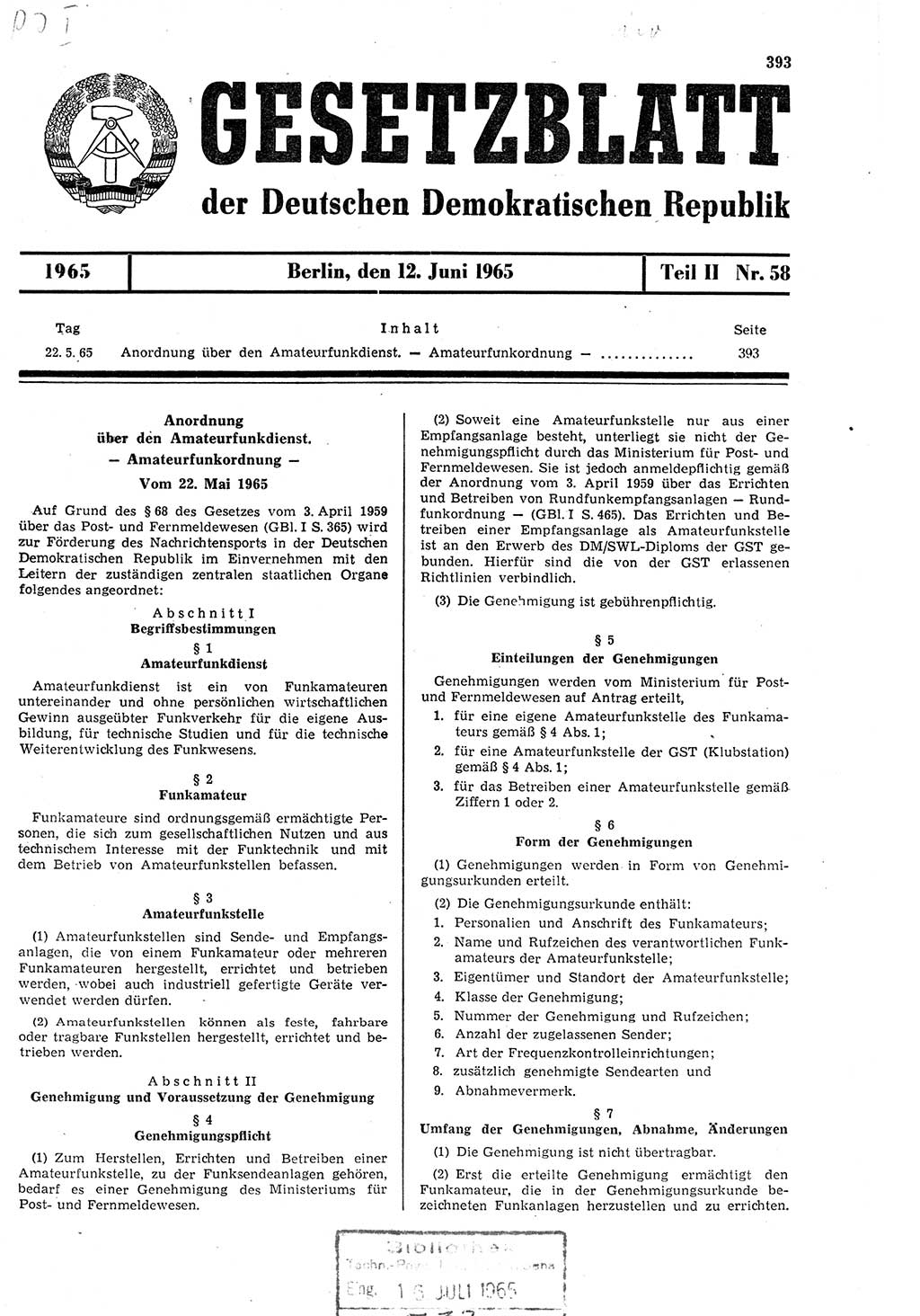 Gesetzblatt (GBl.) der Deutschen Demokratischen Republik (DDR) Teil ⅠⅠ 1965, Seite 393 (GBl. DDR ⅠⅠ 1965, S. 393)