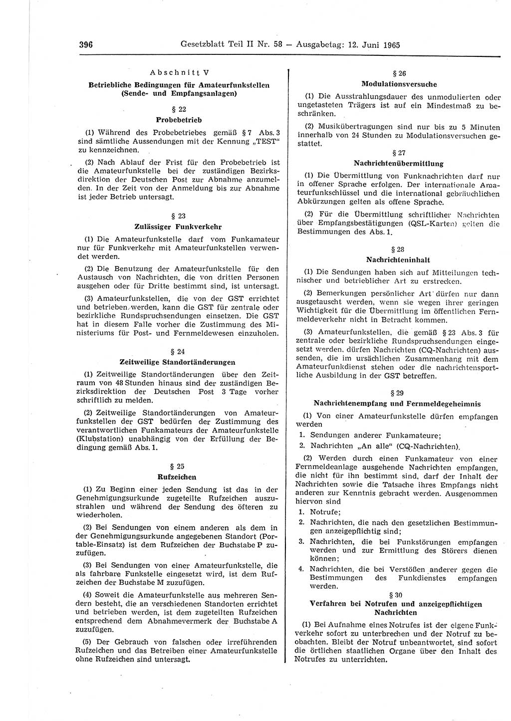 Gesetzblatt (GBl.) der Deutschen Demokratischen Republik (DDR) Teil ⅠⅠ 1965, Seite 396 (GBl. DDR ⅠⅠ 1965, S. 396)
