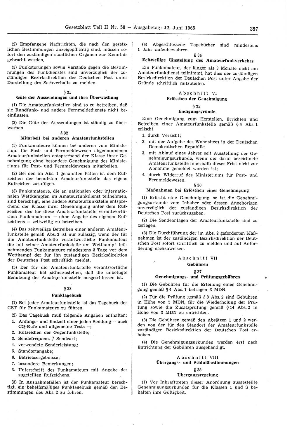 Gesetzblatt (GBl.) der Deutschen Demokratischen Republik (DDR) Teil ⅠⅠ 1965, Seite 397 (GBl. DDR ⅠⅠ 1965, S. 397)