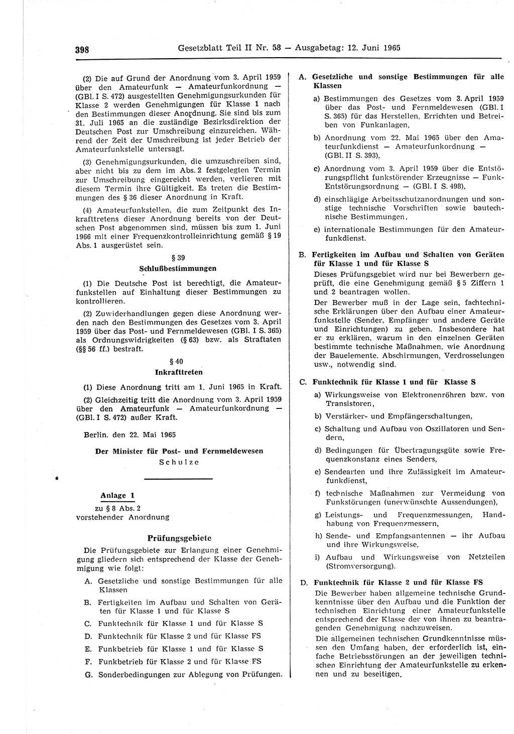 Gesetzblatt (GBl.) der Deutschen Demokratischen Republik (DDR) Teil ⅠⅠ 1965, Seite 398 (GBl. DDR ⅠⅠ 1965, S. 398)
