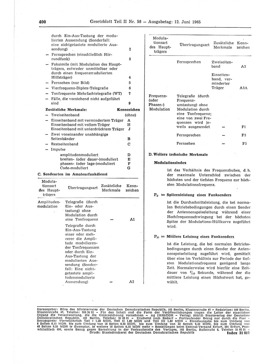 Gesetzblatt (GBl.) der Deutschen Demokratischen Republik (DDR) Teil ⅠⅠ 1965, Seite 400 (GBl. DDR ⅠⅠ 1965, S. 400)