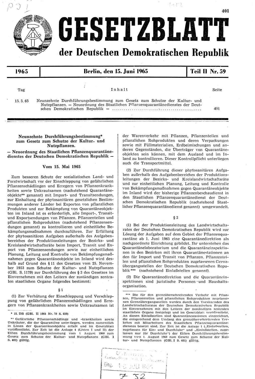 Gesetzblatt (GBl.) der Deutschen Demokratischen Republik (DDR) Teil ⅠⅠ 1965, Seite 401 (GBl. DDR ⅠⅠ 1965, S. 401)